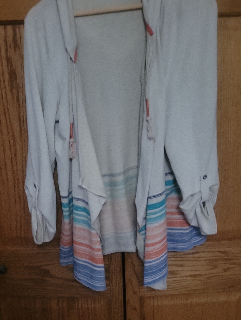 Maurices Cream Cardigan with Pastel Stripe Hem